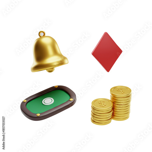3D casino game icons set, cute gambling elements with golden bell, coins, baccarat table and diamond suit on isolated background.