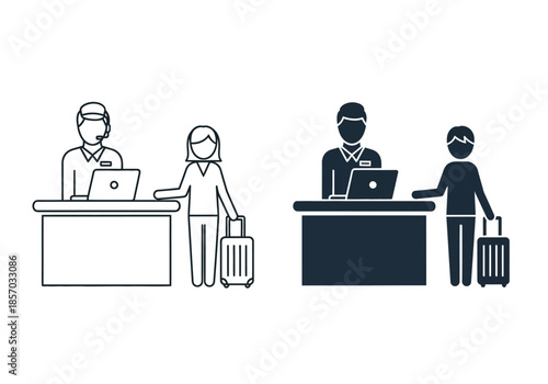 hotel check in process featuring staff assisting guests with luggage and registration high quality professional detailed