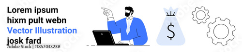 Business strategy, finance management, digital tools, productivity, workflow optimization, teamwork. Man working on laptop, money bag and gear symbols. Finance management and productivity tools