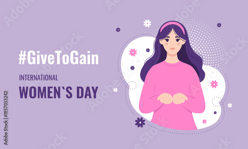 International Womens Day banner, featuring an image of a depicting a woman with open palms, symbolizing support and empowerment. March 8. IWD2026 campaign theme Give to receive. Vector illustration.