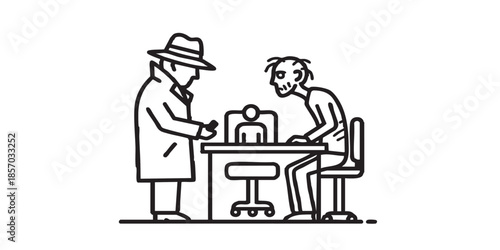 nvestigator with suspect man thin line icon, police force concept. Vector graphics. Man standing at desk, chair with human sign on white background, style icon mobile or web desigى