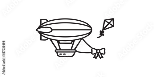 Flying air ship with rope and bow thin line icon, spring season concept. Vector graphics. Kite for children, leisure sign on white background, style icon mobile or web design