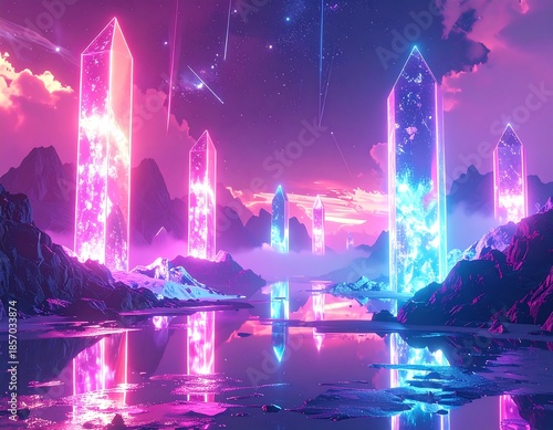Surreal landscape with vibrant crystal towers reflecting in water