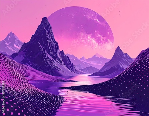 Surreal landscape with violet mountains, lake, and giant moon