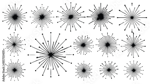 15 Collection of abstract dandelion clock illustrations with delicate black lines and varying seed dispersals on a white background presented in a collage format