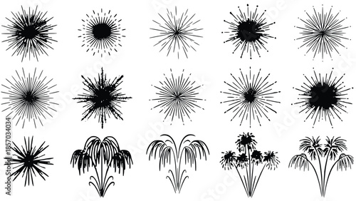 17 Collection of diverse black ink splatter and firework designs in various styles and patterns on a white background for creative projects