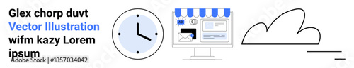 E-commerce, cloud services, online shopping, web design, time management, technology solutions. Clock, online storefront and cloud symbol. E-commerce and cloud services visual theme
