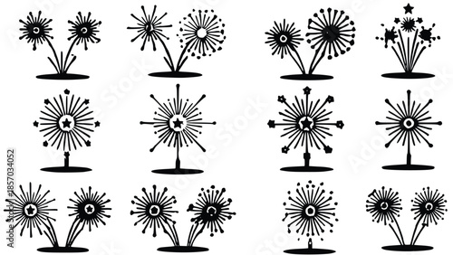 22 Collection of black silhouette fireworks exploding in various styles and patterns on a white background for celebration and festive designs