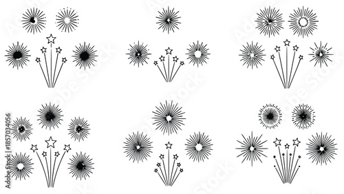 21 Collection of simple black and white fireworks illustrations in various styles and arrangements on a clean white background for celebration and decoration