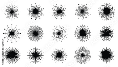 24 Collection of black ink explosion effects and splatter designs on a white background for graphic design use