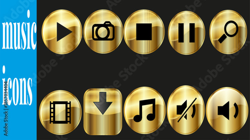 A sleek collection of polished golden digital media player control icons, featuring play, pause, stop, volume, camera, download, and search symbols, perfect for a modern user 