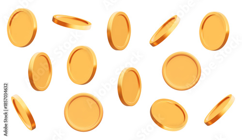 Golden coins flying in air with realistic metal texture. 3D render of casino money prize perfect for game interface and financial success concepts.