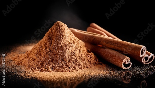 Cinnamon Sticks And Powder On Black Background