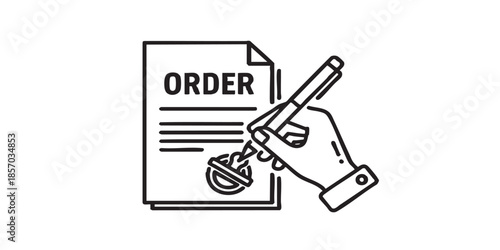 Order paper with stamp and hand thin line icon, police force concept. Vector graphics. Hand with pen and document, signage sign on white background, style icon mobile or web desig