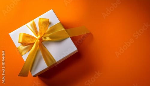 A Yellow And White Gift Box With A Ribbon On An Orange Background