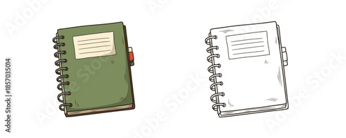 Spiral notebook in cartoon hand drawn style with green cover beige label and bookmarks on white background for education office supplies or personal diary design