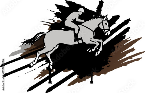 Stylized illustration of a horse and rider in mid-jump during an equestrian competition with abstract background elements