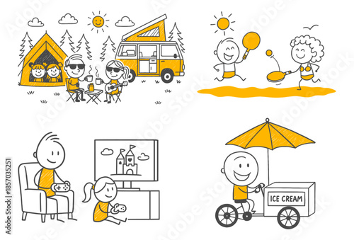 Daily activities of a happy family spending pleasant time on outdoor vacations and at home.