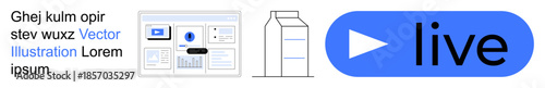 Web design, live streaming, digital interfaces, online services, branding, conceptual elements. Digital interface, milk carton outline and live button in blue. Web design and live streaming