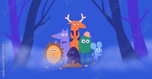 A group of antropomorphic animal characters in the dark forest