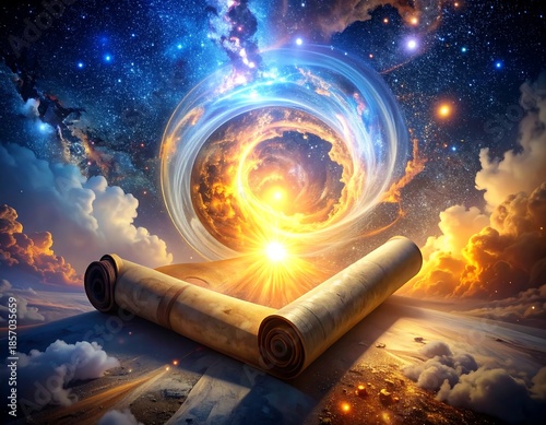 Surreal space scene with a scroll and luminous cosmic portal
