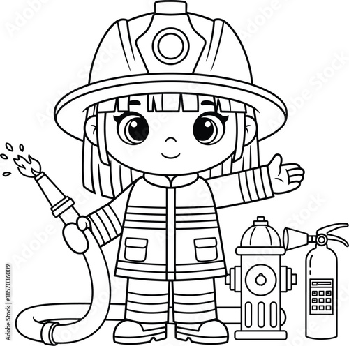 Cute firefighter kid character illustration, flat vector illustration, line art coloring page, fire safety cartoon with equipment
