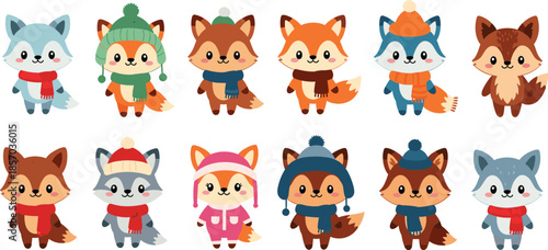 Cute fox characters set wearing winter clothes, adorable animal collection, kids illustration, cartoon style, colorful flat vector illustration