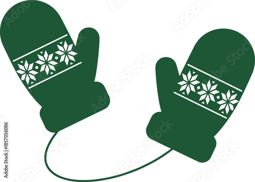Green winter mittens with snowflake pattern illustration, cozy cold weather gloves accessory, simple seasonal design, minimal style, flat vector illustration