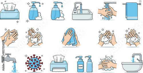 Hand washing and hygiene icons set, clean hands with soap and water, hygiene symbols for health and sanitation, flat vector illustration