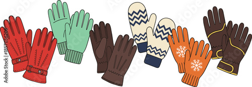 Winter gloves and mittens illustration set, cozy warm handwear collection, colorful knitted and leather gloves, cold weather fashion accessories, flat vector style