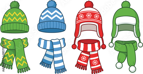 Winter hat and scarf sets for kids, festive accessories, cozy seasonal fashion, cartoon bundle, warm wear – flat vector illustration