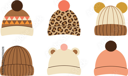Winter knit beanie hats illustration set, cozy warm headwear collection, cute patterned wool caps, casual cold weather fashion, flat vector style