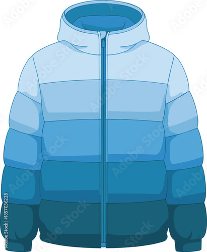 Winter puffer jacket illustration, hooded insulated coat design, blue gradient jacket vector, cold weather outerwear, modern fashion apparel