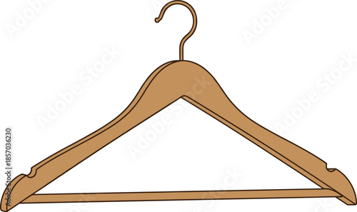 Wooden clothes hanger, flat vector illustration, wardrobe storage accessory, minimal household object, clothing organizer design, simple isolated apparel tool