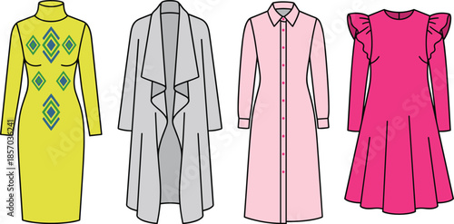 Women fashion dresses illustration, elegant long dress collection, modern female clothing design, stylish outerwear, trendy apparel vector