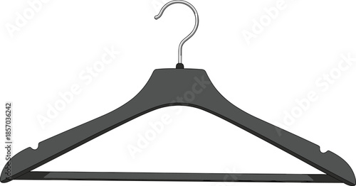 Black clothes hanger with metal hook, broad shoulder, garment bar, strap notches, closet accessory, storage item, flat vector illustration