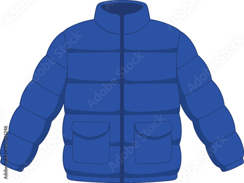 Blue puffer jacket with high collar, quilted winter outerwear, insulated coat design, cold weather fashion – flat vector illustration