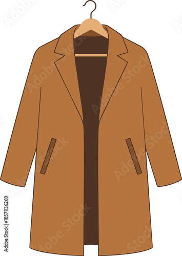 Brown overcoat with notched lapel on hanger, classic winter fashion design, wardrobe item – flat vector illustration