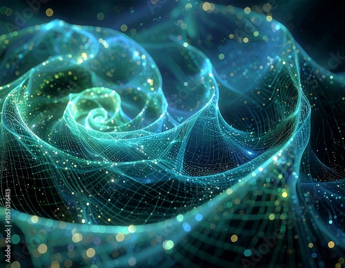 Swirling teal and green network of light and particles