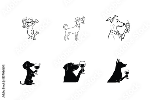 Set of Six Minimalist Vector Illustrations of Dogs Holding Wine Glasses Hand-Drawn Cartoon and Silhouette Style