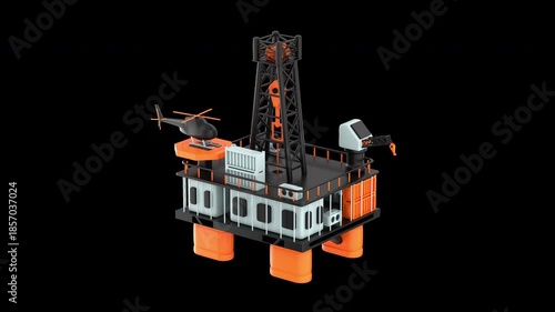 Animation of an offshore oil drilling platform. drilling platform with moving crane, helicopter, and a derrick, 3d render with alpha channel