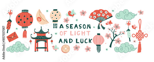 A Season of Light and Luck Chinese New Year Festive Banner with Lanterns and Blossoms