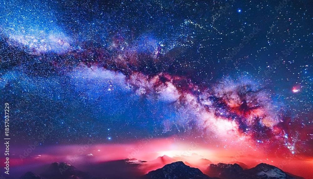 Fototapeta premium Cosmic Blue Pink Nebula Vibrant Stars Realistic Space Red Discovery Depth