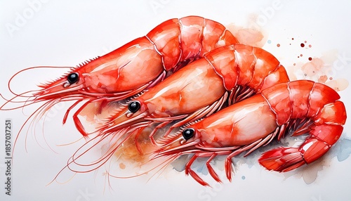Three Shrimp Red Shrimp Giant Shrimp Gamba Seafood Shrimp Cocktail Watercolour Delicious Fresh Seafood