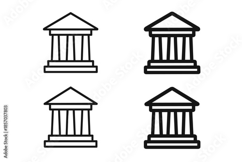 Set of four simple line art icons representing classical buildings with columns