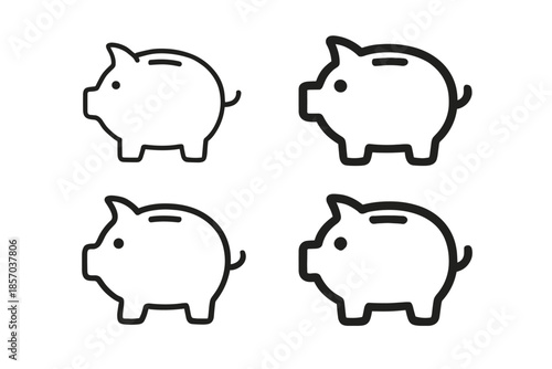 Four simple line art piggy bank icons on a white background