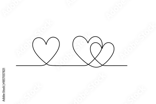 Minimalist continuous line drawing of three interconnected hearts on a white background