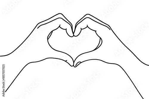 Minimalist line art of two hands forming a heart shape against a white background