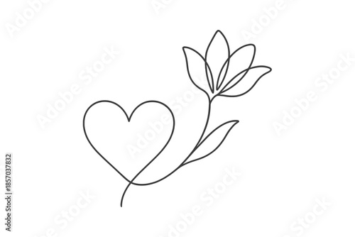 Minimalist single line drawing of a heart and a blooming flower on a white background
