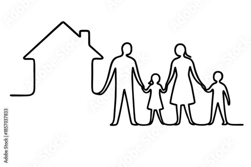 Simple line art of a family holding hands in front of a house outline